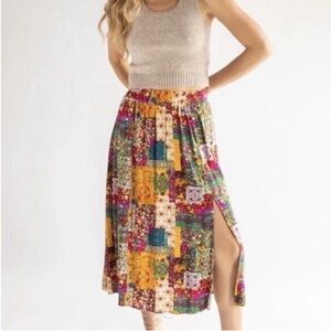 Natural Life betsy patchwork floral split midi skirt womens L boho